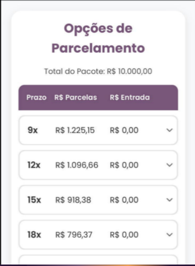 Tela com opções de parcelamento de 9x a 24x